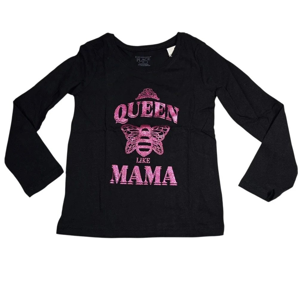 TCP The Childrens Place Girls Black Queen Like Mama Pink Glitter Bee Top Size 4T